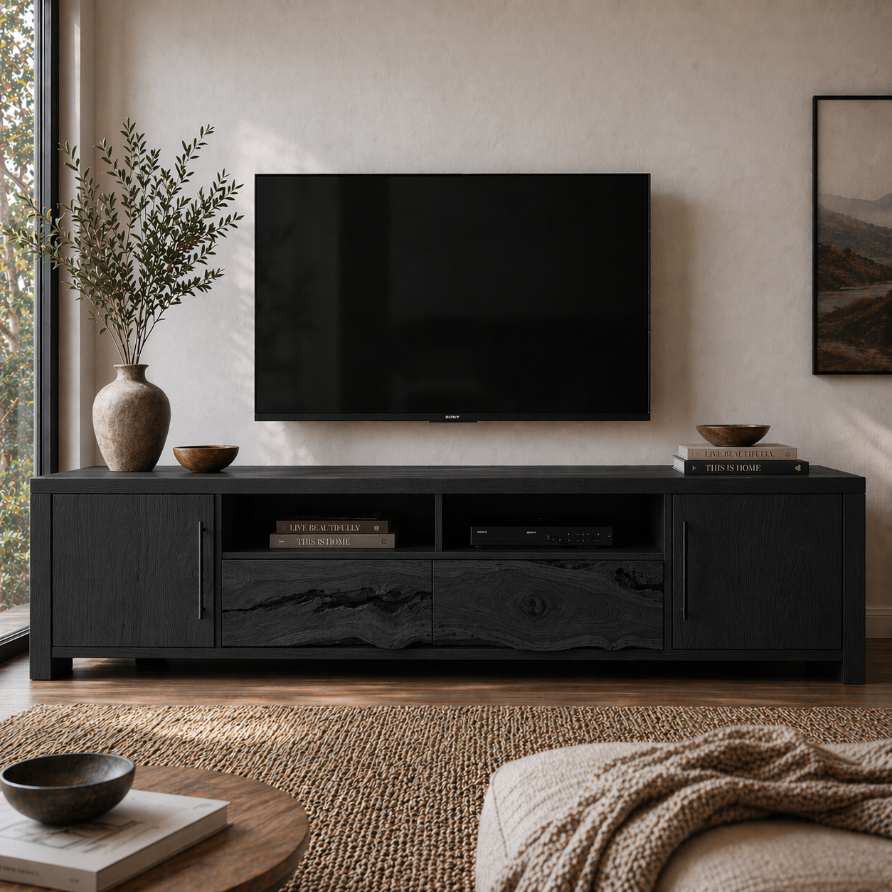 Solid Wood Media Console with Live Edge, Rustic Modern TV Stand with Storage Doors