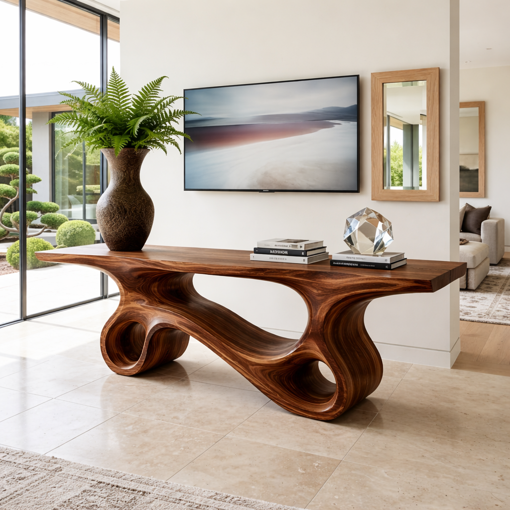 Solid Wood Console Table with Sculpted Curved Design, Modern Minimalist Furniture