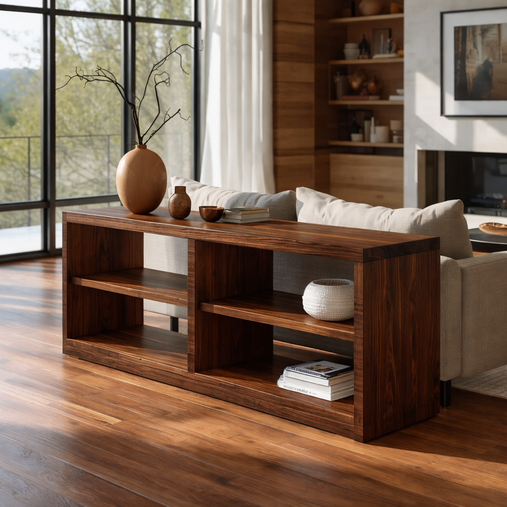 Modern Solid Wood Console Cabinet with Open Shelving – Stylish Living Room Storage