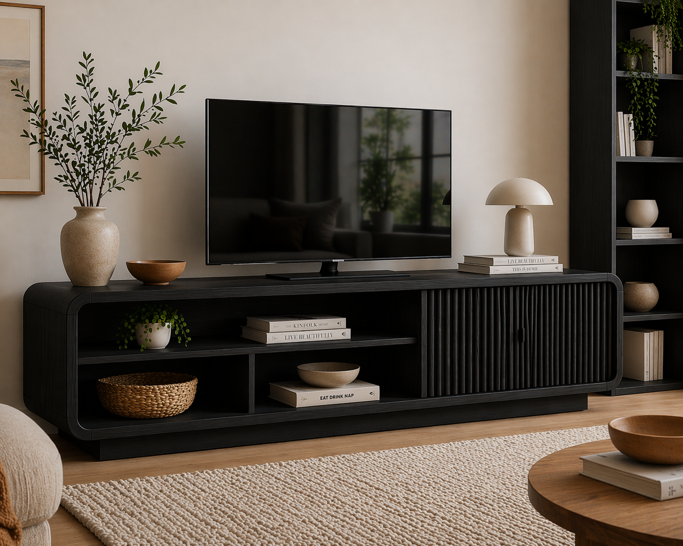 Mid Century Solid Wood TV Cabinet with Slatted Doors & Open Media Storage