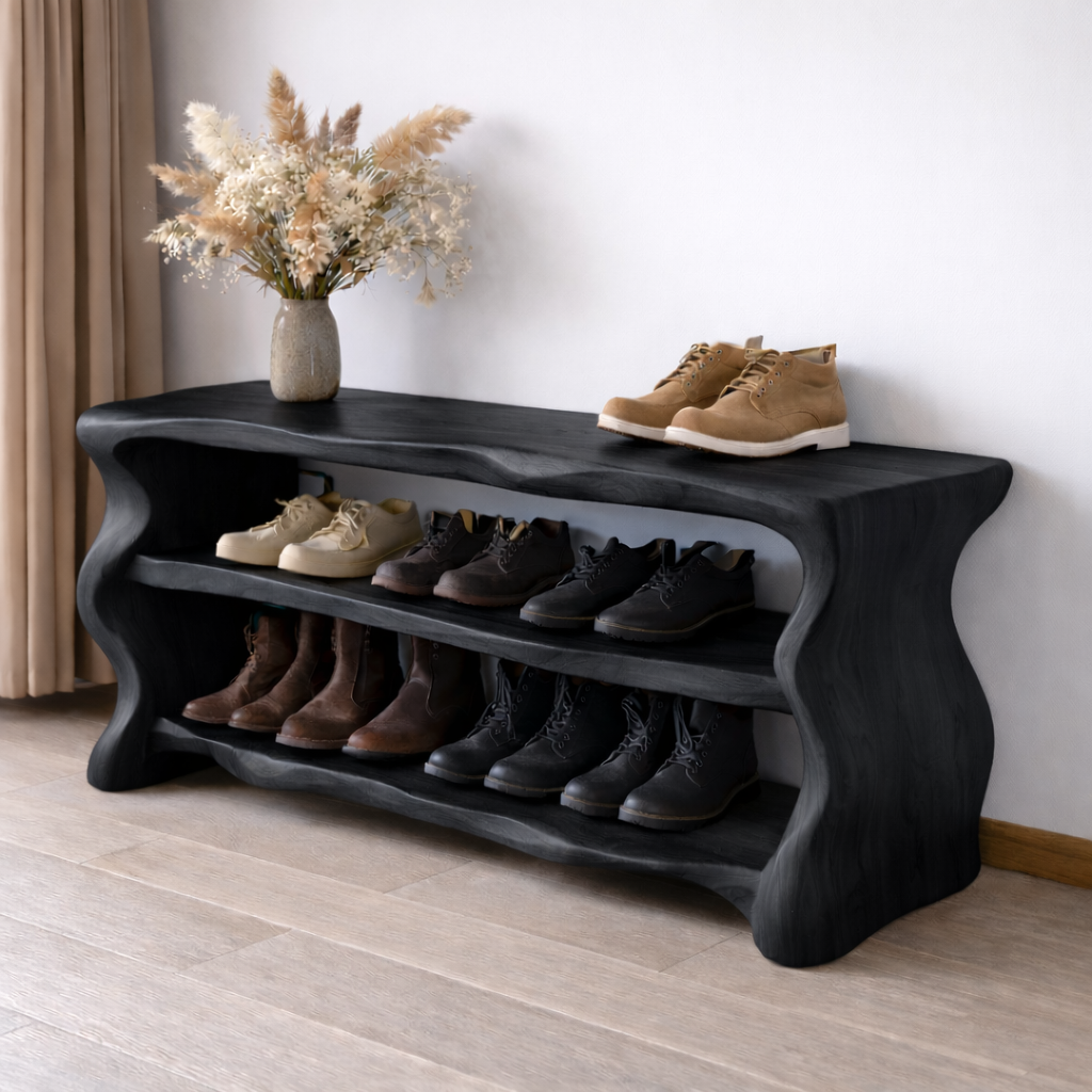 Solid Wood Entryway Bench with Shoe Storage – Rustic Live Edge Shoe Rack Bench