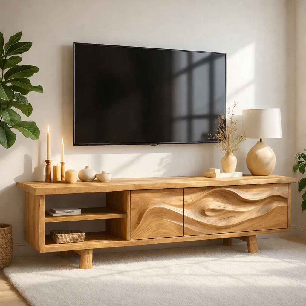Live Edge Solid Wood TV Stand Walnut Media Console Hand Carved Modern Entertainment Unit