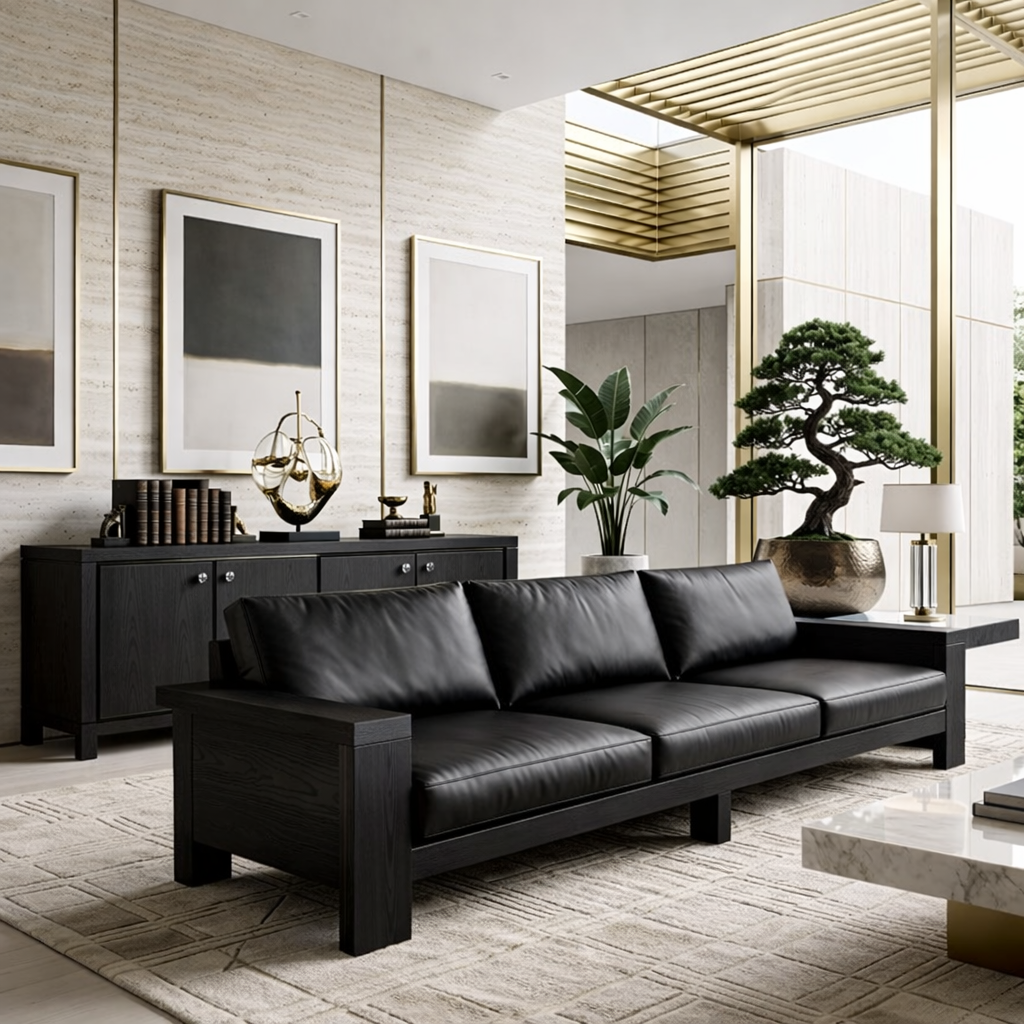 Modern Solid Wood Sofa with Leather Cushions Minimalist Scandi Living Room Couch