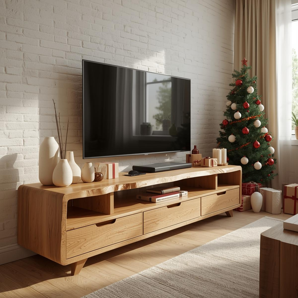 Mid Century Solid Wood Television Stand Walnut Media Console with Drawers Living Room Storage