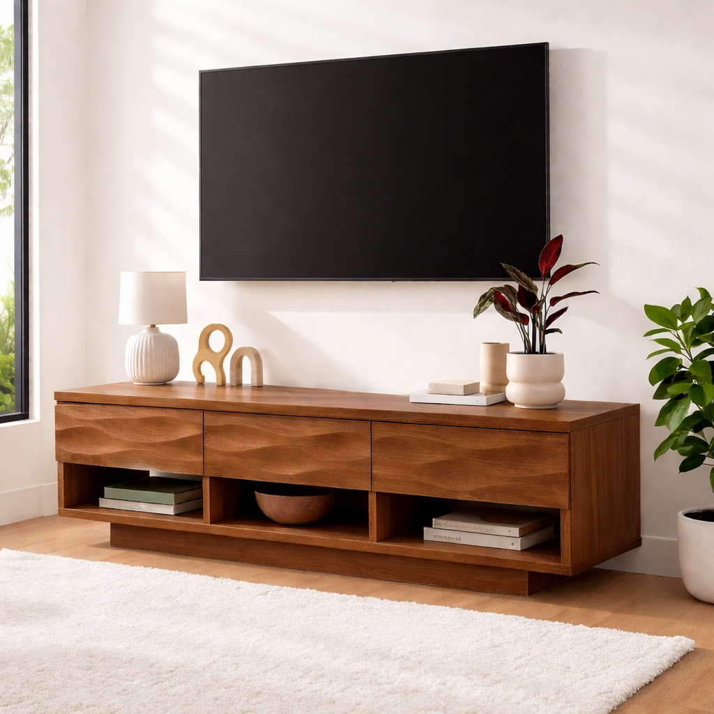 Handcrafted Solid Walnut TV Stand – Modern Wavy Drawer Media Console for Contemporary Homes