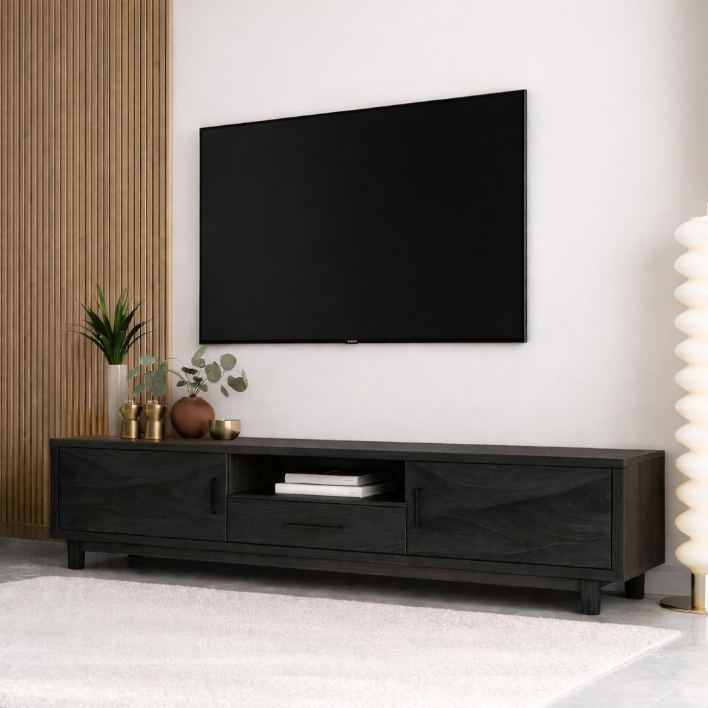 Mid Century Solid Wood TV Stand Wave Front Media Console Modern Entertainment Cabinet