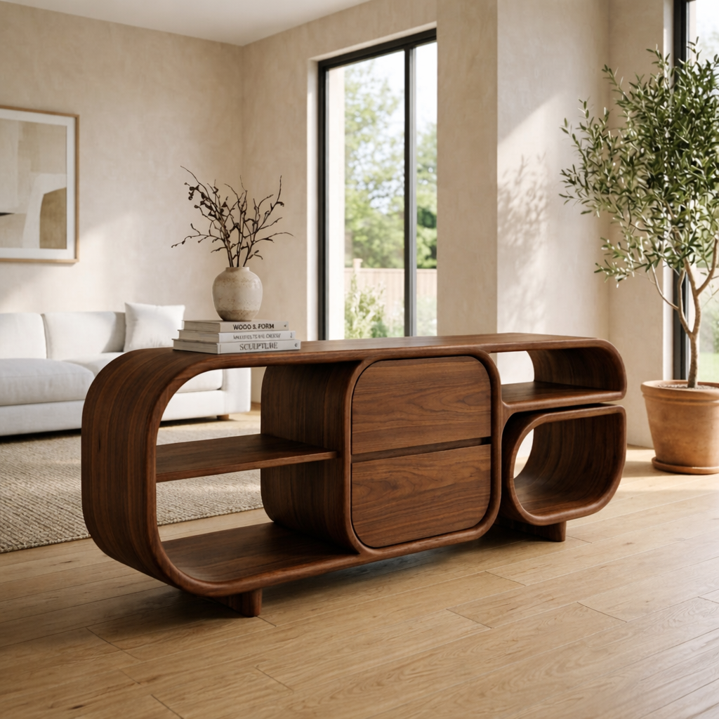 Mid-Century Modern Walnut Console Table - Curved Wood TV Stand with Open Shelving