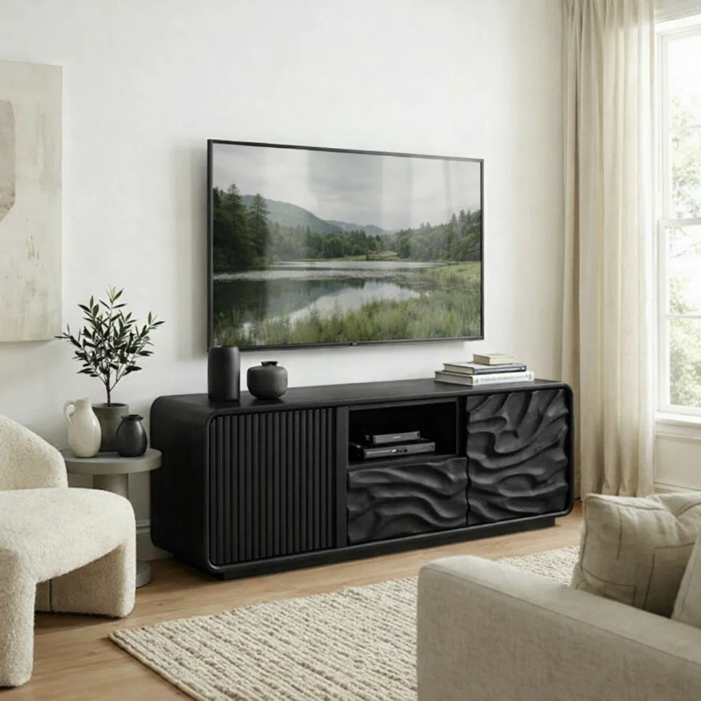 Solid Wood Media Console with Fluted & Carved Doors, Modern TV Stand with Storage