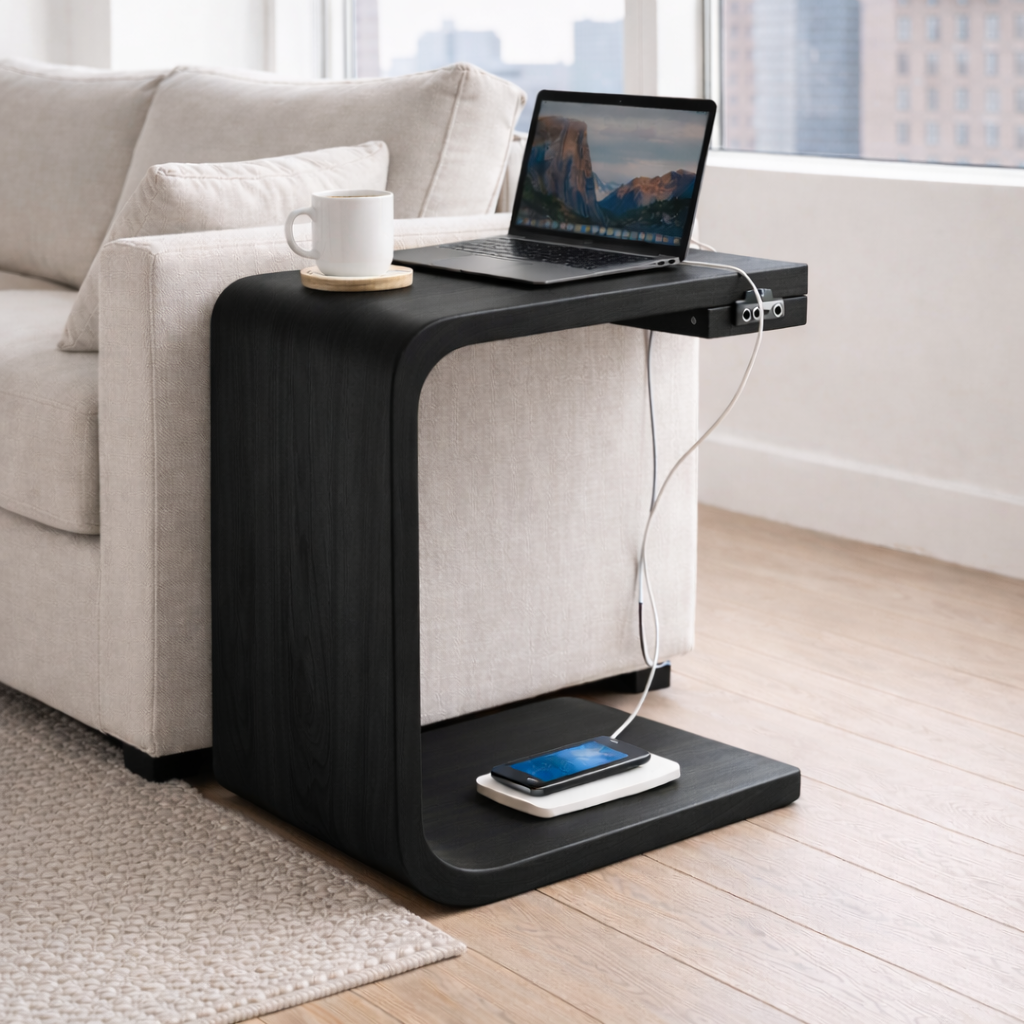 Solid Wood C-Shaped End Table with Charging Port – Modern Sofa Side Table