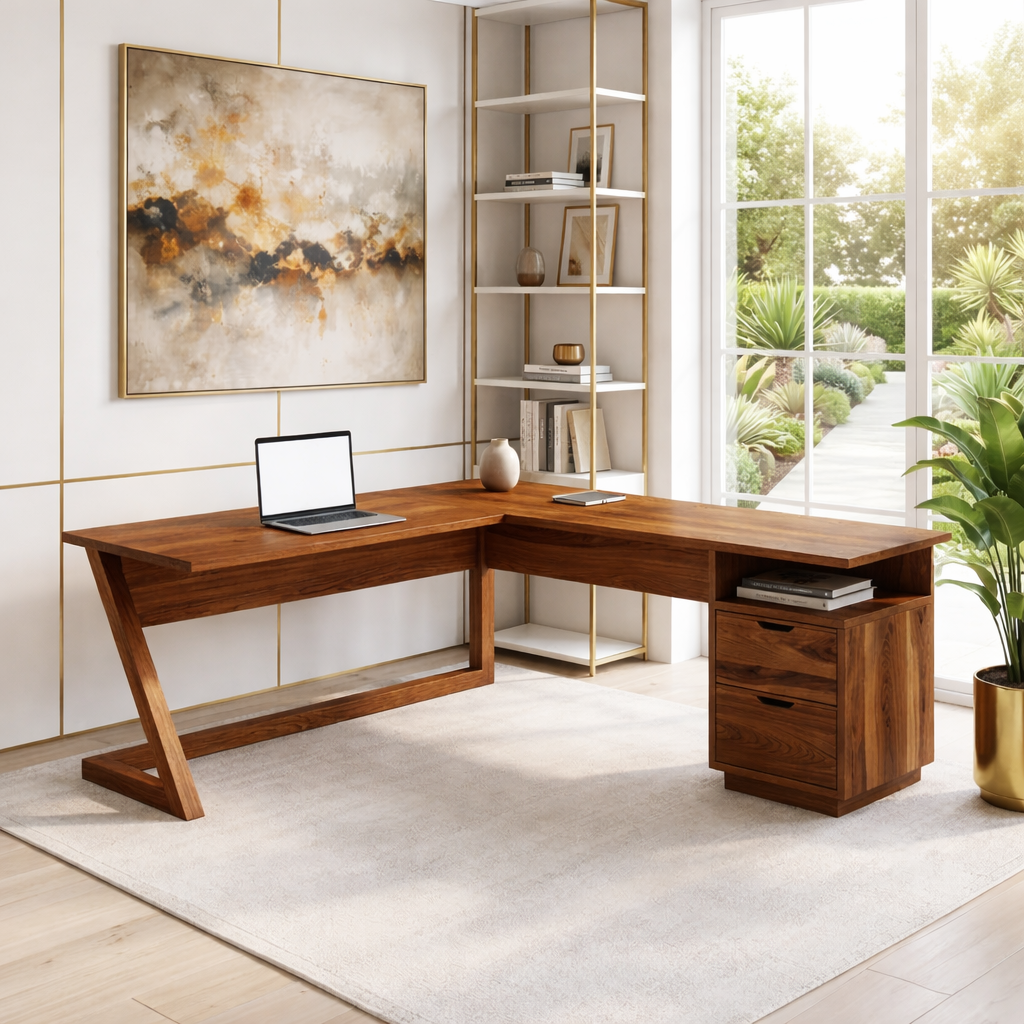L Shaped Wood Desk with Drawer Storage Corner Office Desk Modern Workspace