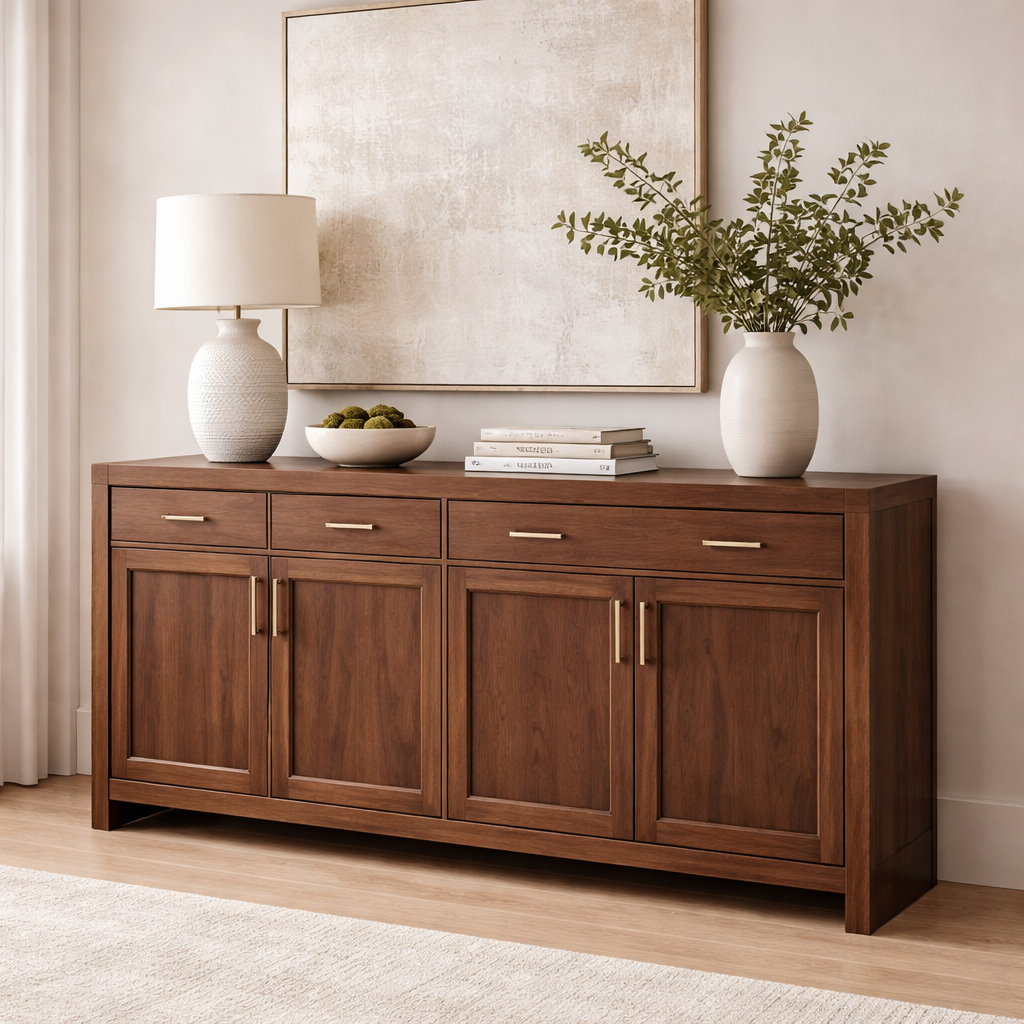Solid Wood Console Cabinet with Drawers and Door Storage for Living Room