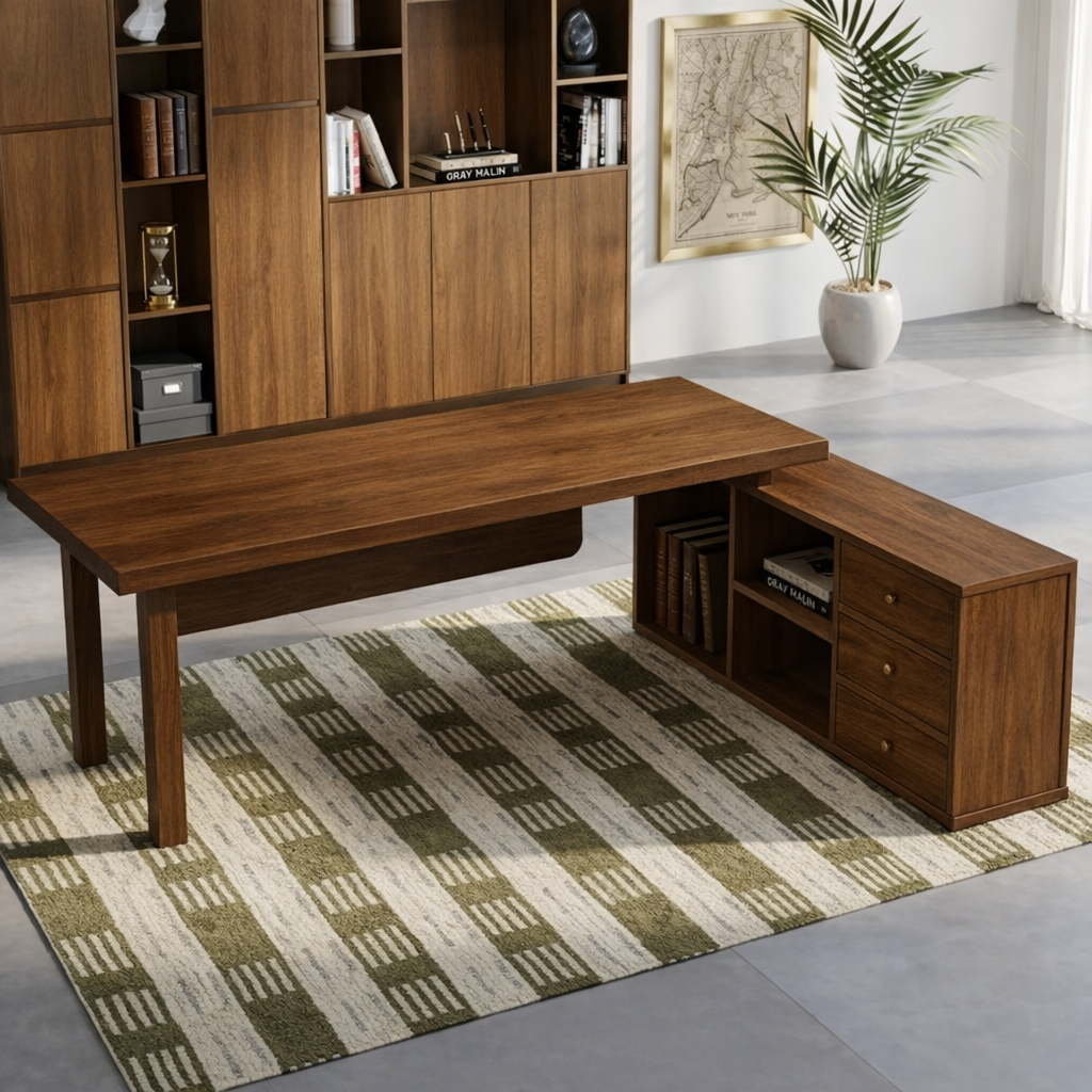 Modern Work Desk with Storage, Spacious Desk for Office, Simple Desk with Shelves