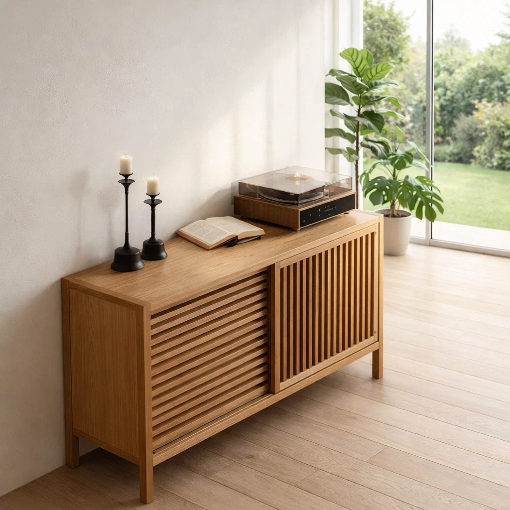 Slatted Sliding Door Sideboard Cabinet – Modern Minimalist Storage Console