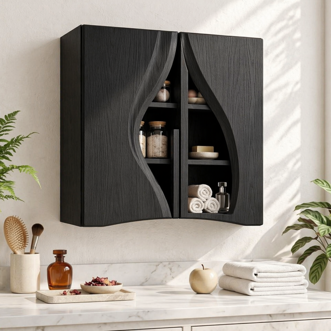 Floating Bathroom Cabinet, Modern Curved Wall Mounted Vanity Storage Organizer Unit