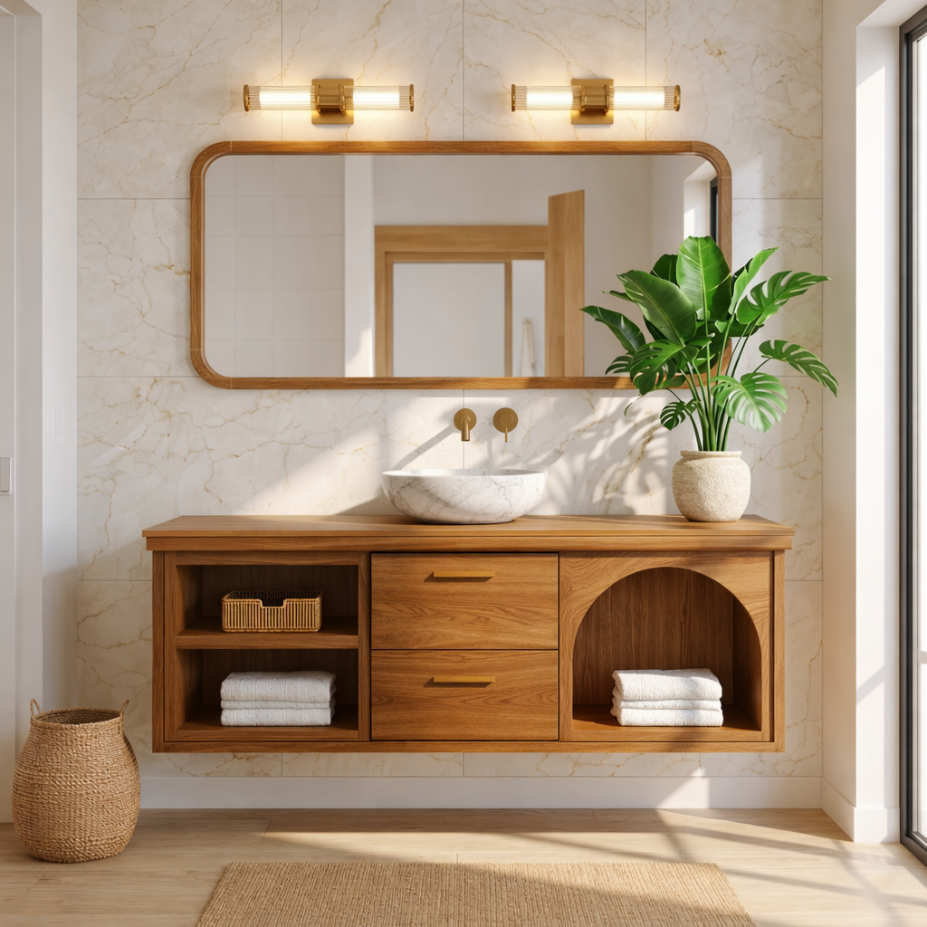 Modern Walnut Floating Vanity with Arched Shelf and Natural Finish