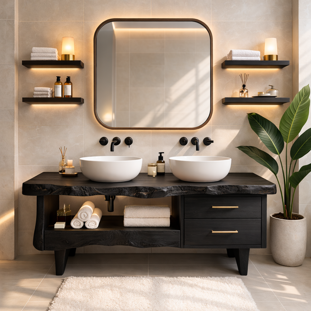 Rustic Double Bathroom Vanity Cabinet With Live Edge Wood Top And Drawers