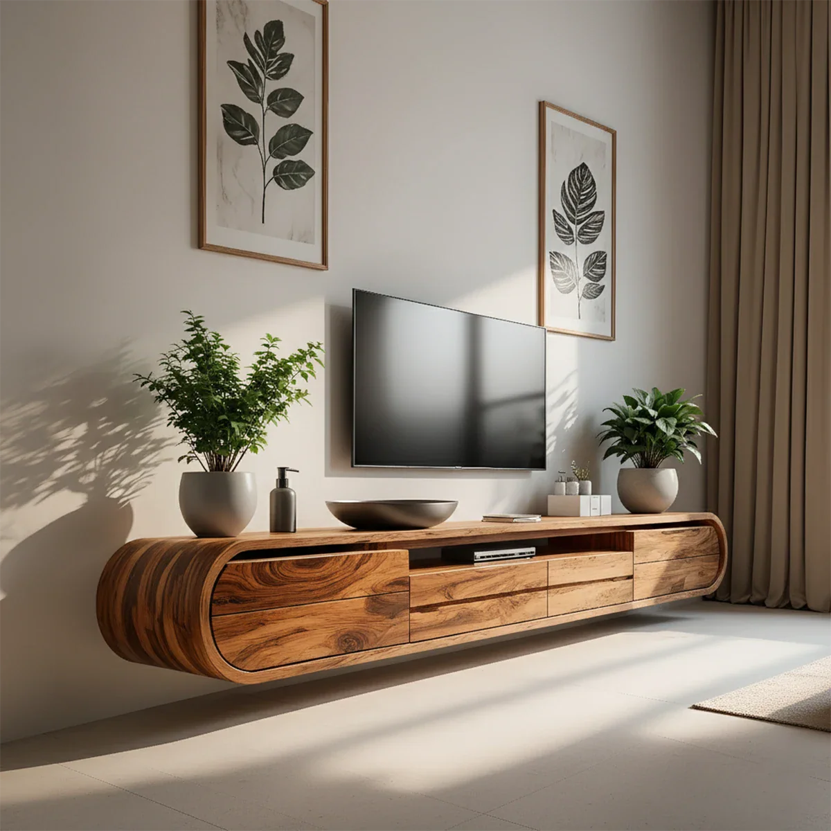 Solid Wood Floating TV Stand Modern Walnut Wall Mounted Media Console