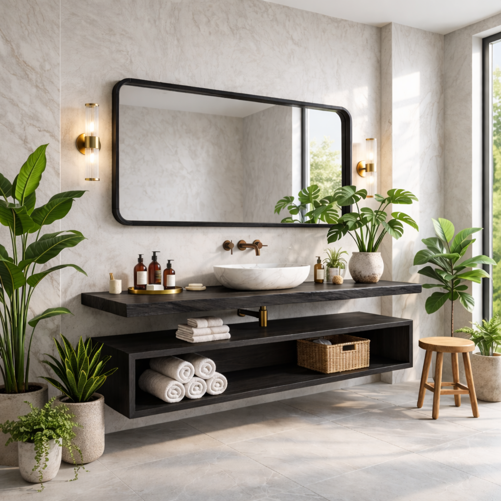 Floating Vanity with Natural Wood Finish and Open Shelf for Bathroom