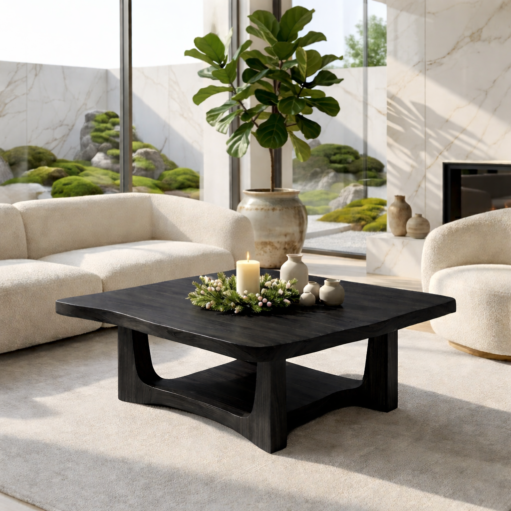 Solid Oak Coffee Table with Curved Edges and Open Base, Modern Japanese Style Living Room Table