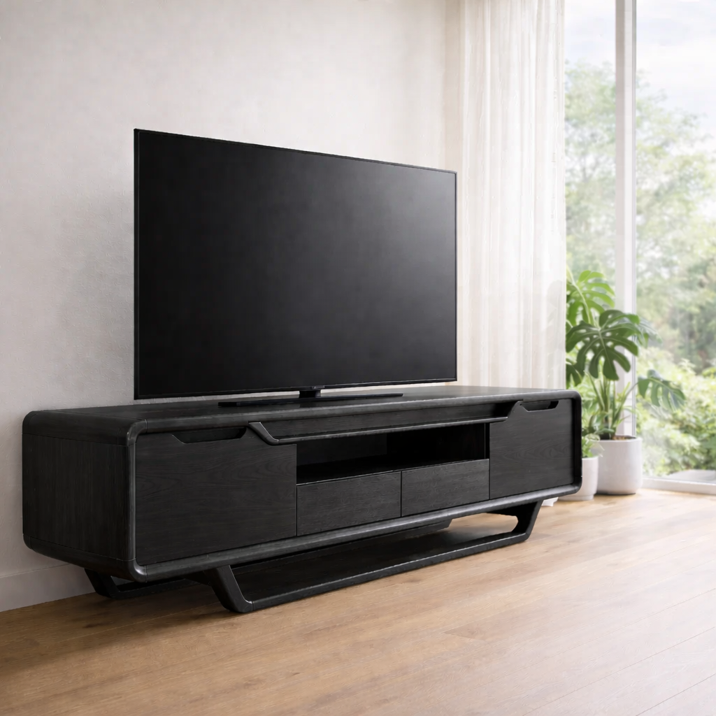 Modern Solid Wood TV Console with Curved Edges & Storage Cabinets