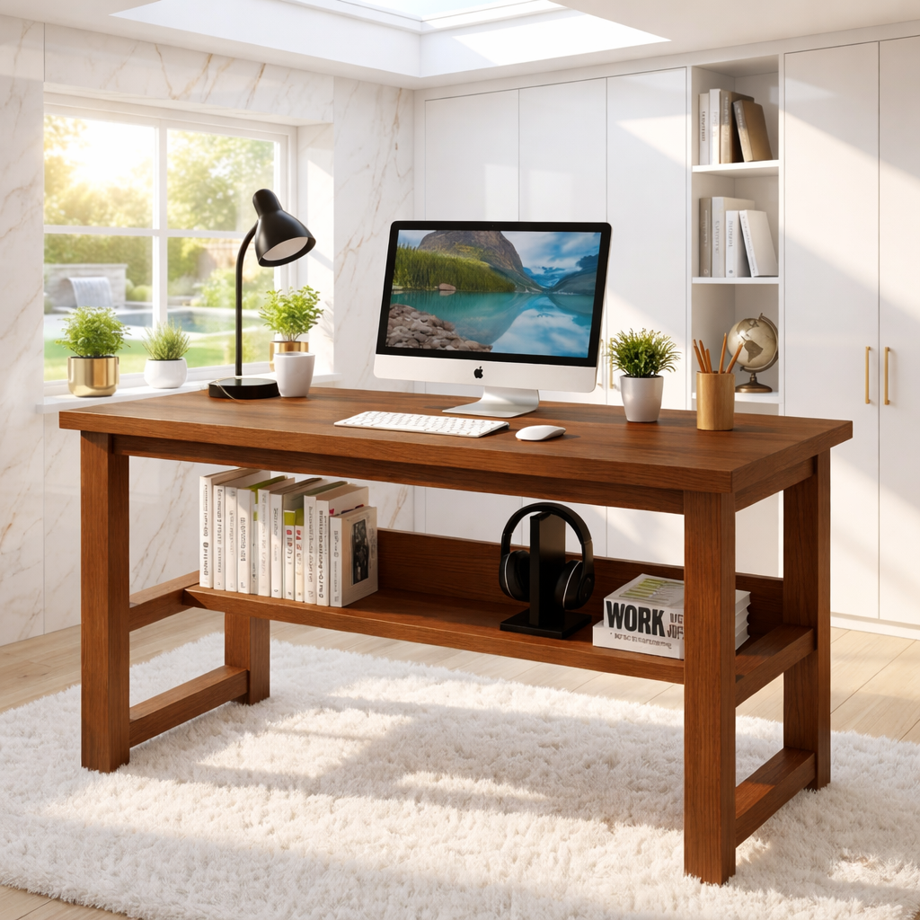 Modern Writing Desk with Open Shelf Home Office Computer Desk Minimal Work Table