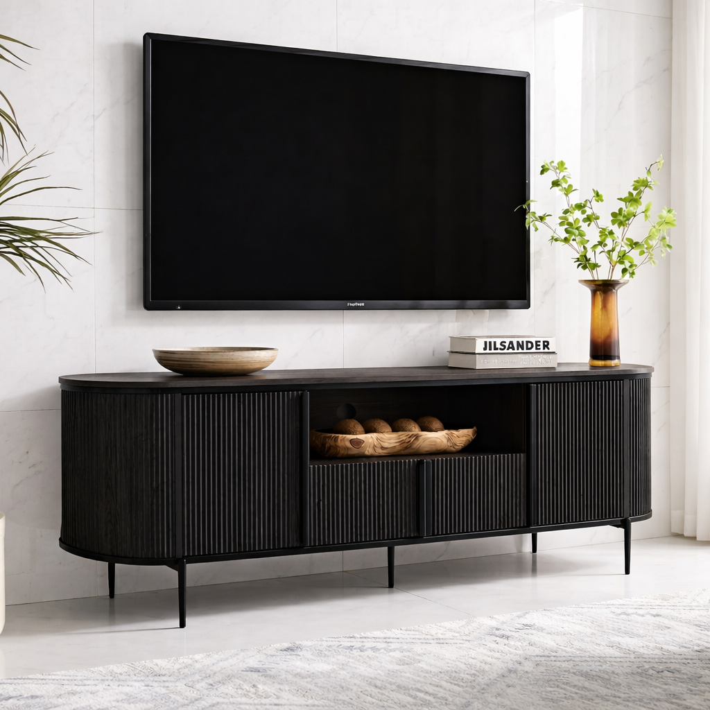Modern Solid Wood TV Stand Curved Fluted Media Console with Metal Base Storage