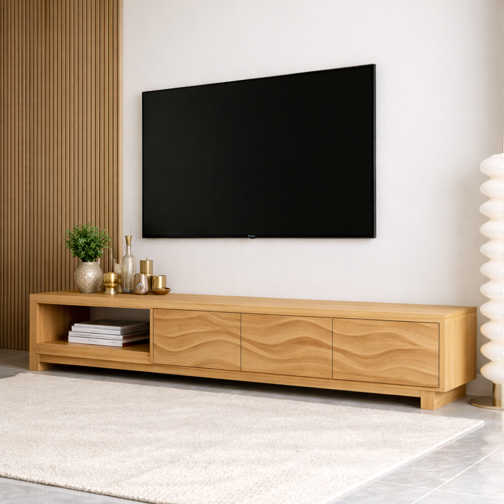 Mid Century Solid Wood TV Stand Wave Front Media Console Long Entertainment Unit