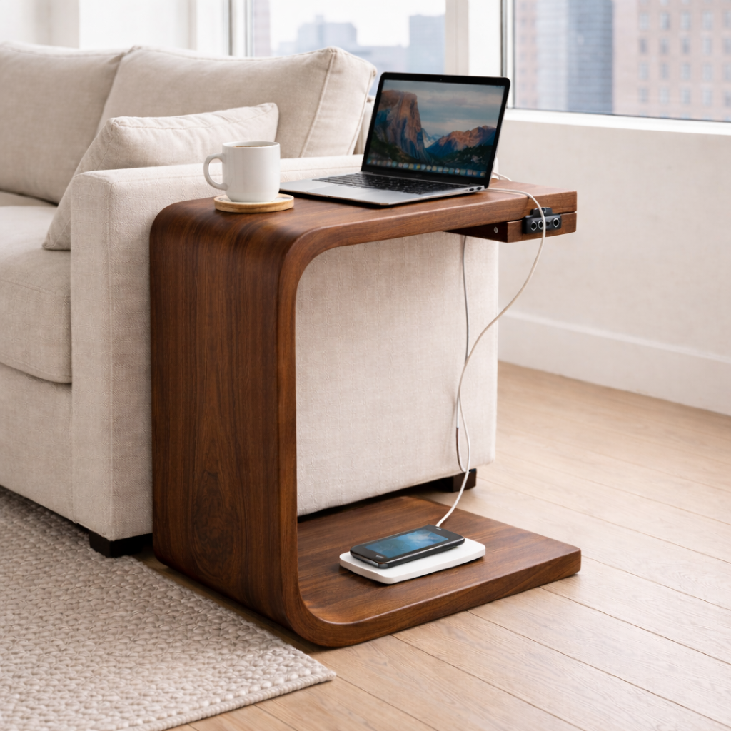 Solid Wood C-Shaped End Table with Charging Port – Modern Sofa Side Table