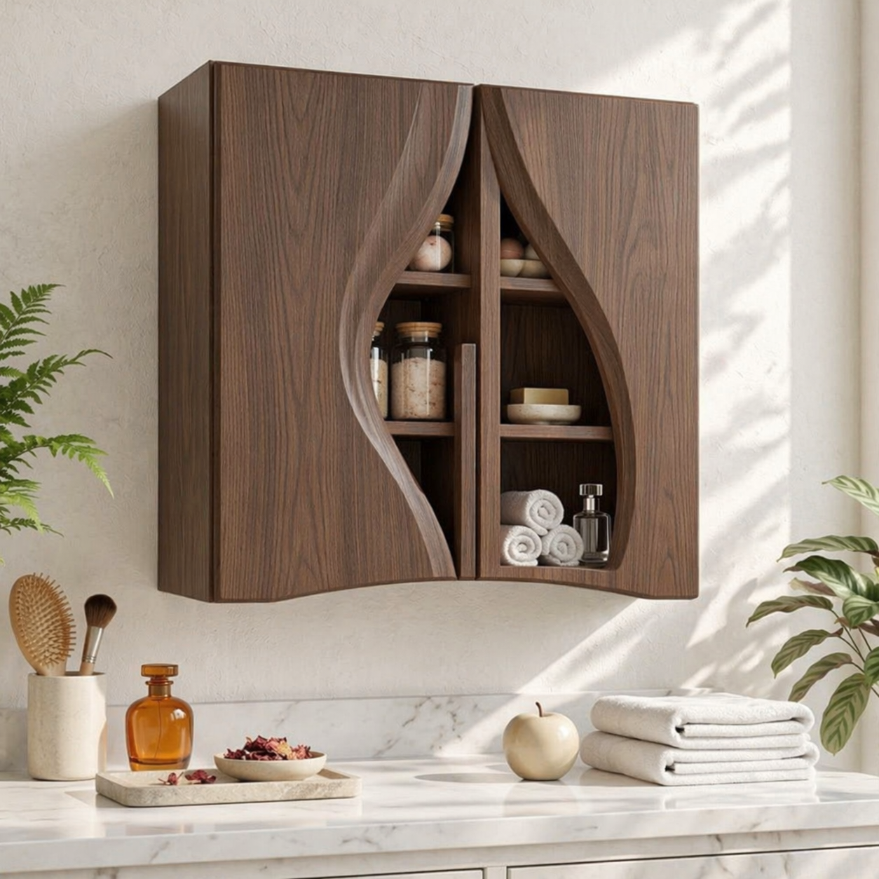 Floating Bathroom Cabinet, Modern Curved Wall Mounted Vanity Storage Organizer Unit
