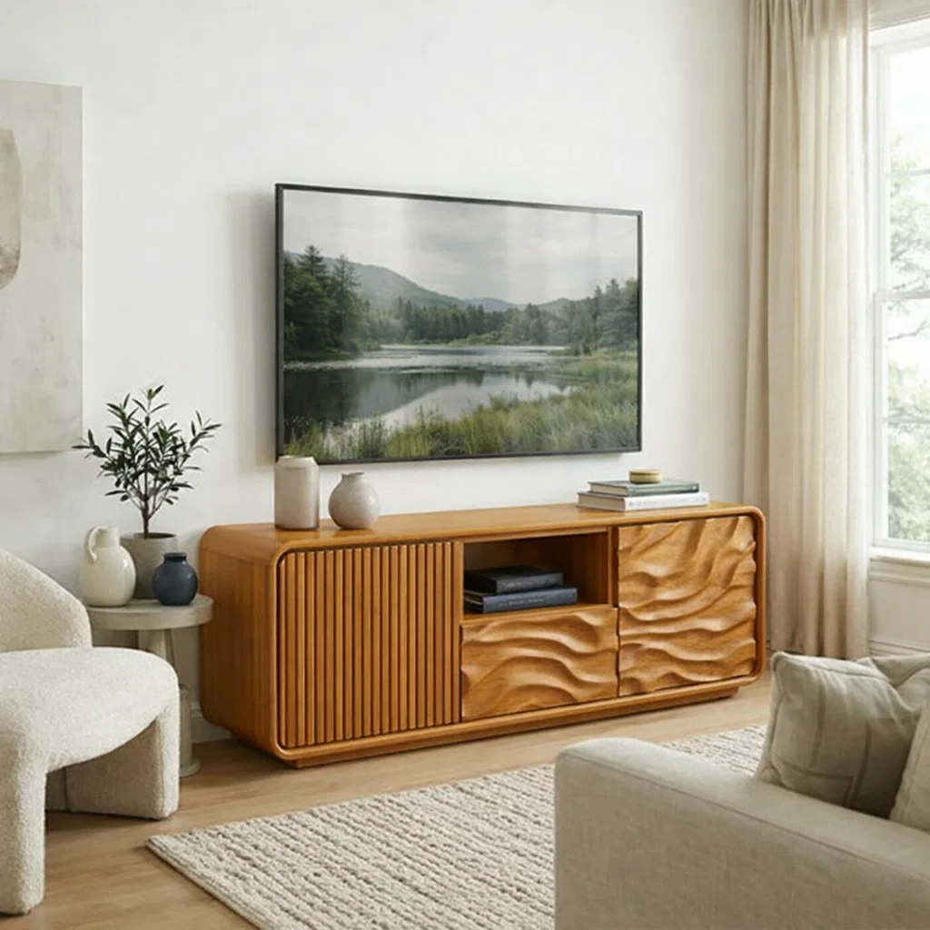 Solid Wood Media Console with Fluted & Carved Doors, Modern TV Stand with Storage