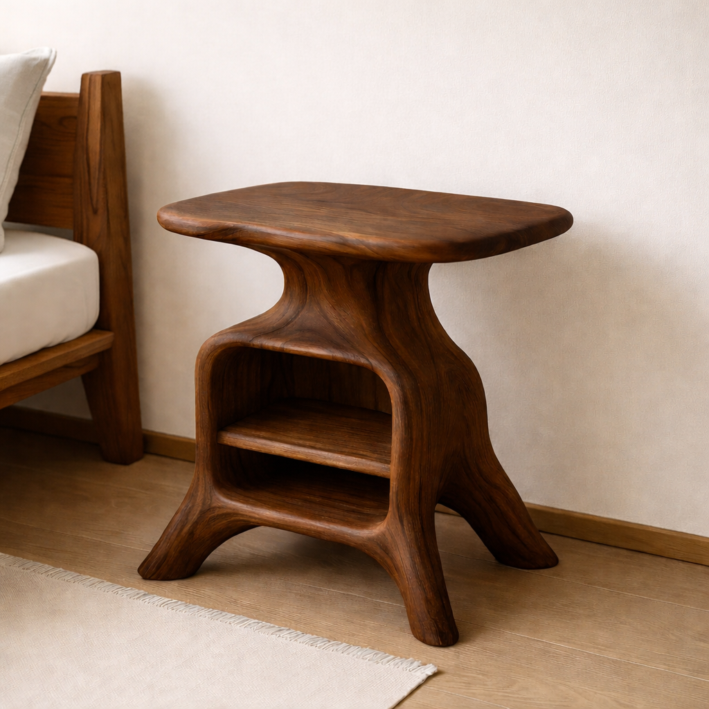 Contemporary Wooden Nightstand with Smooth Curves and Open Storage - Natural Oak