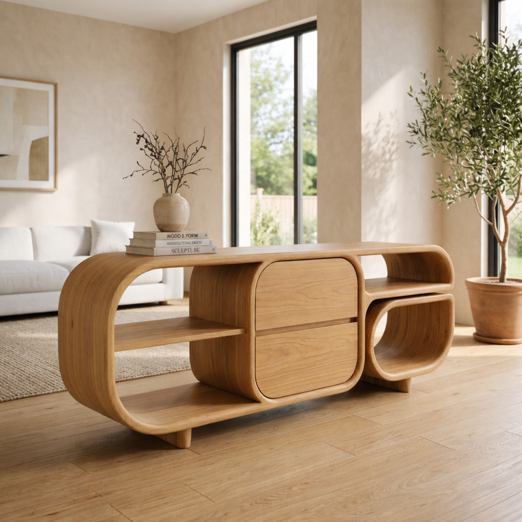 Mid-Century Modern Walnut Console Table - Curved Wood TV Stand with Open Shelving