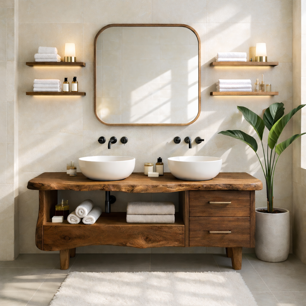 Rustic Double Bathroom Vanity Cabinet With Live Edge Wood Top And Drawers