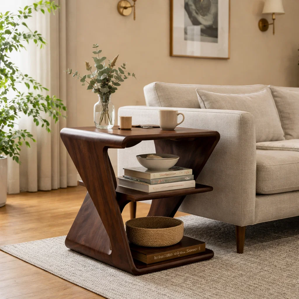Modern Solid Wood End Table with Storage Shelves – Sculptural Side Table