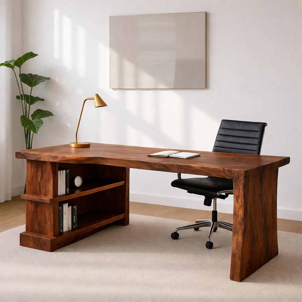 Modern L-Shaped Walnut Desk with Open Shelf – Sculptural Corner Workspace