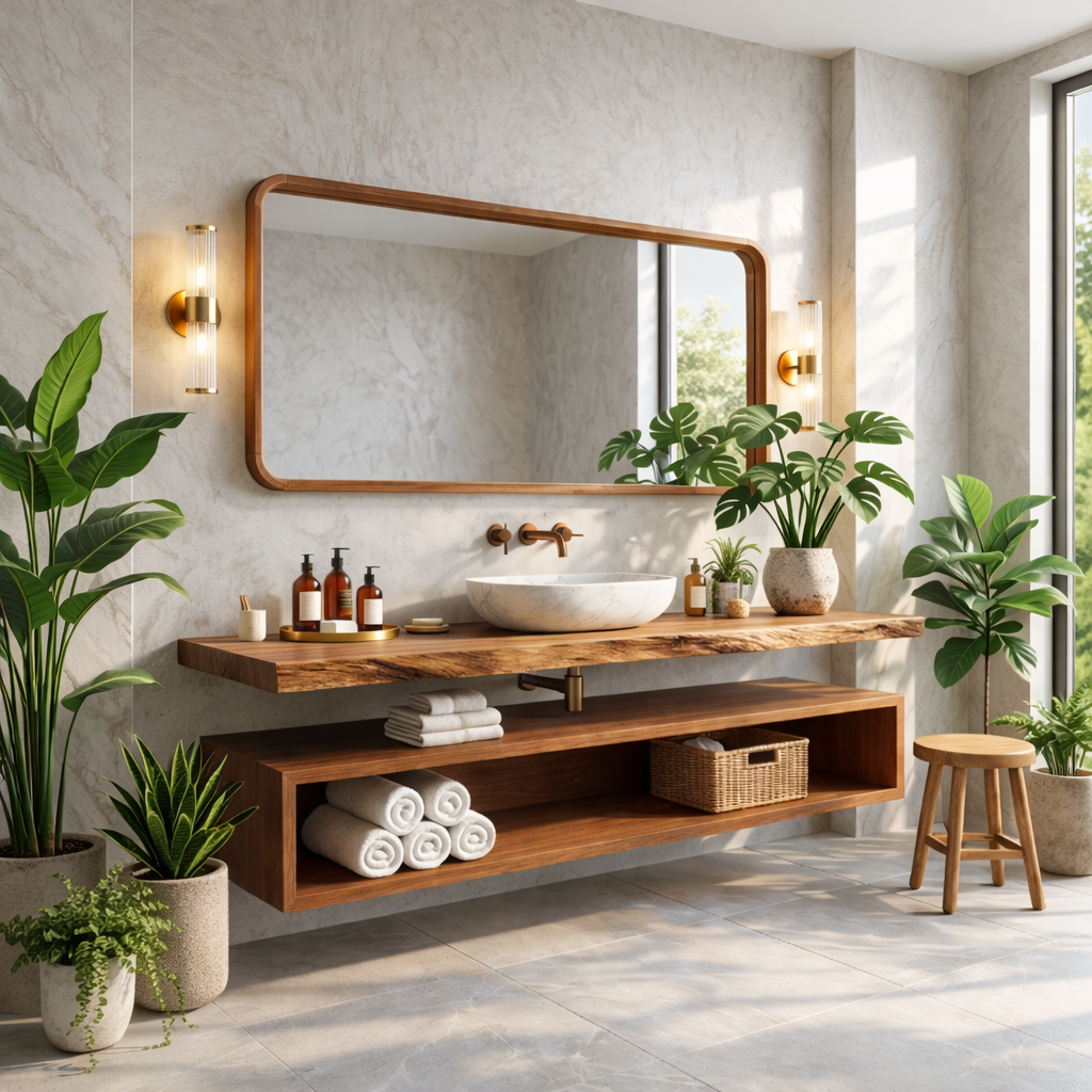 Floating Vanity with Natural Wood Finish and Open Shelf for Bathroom
