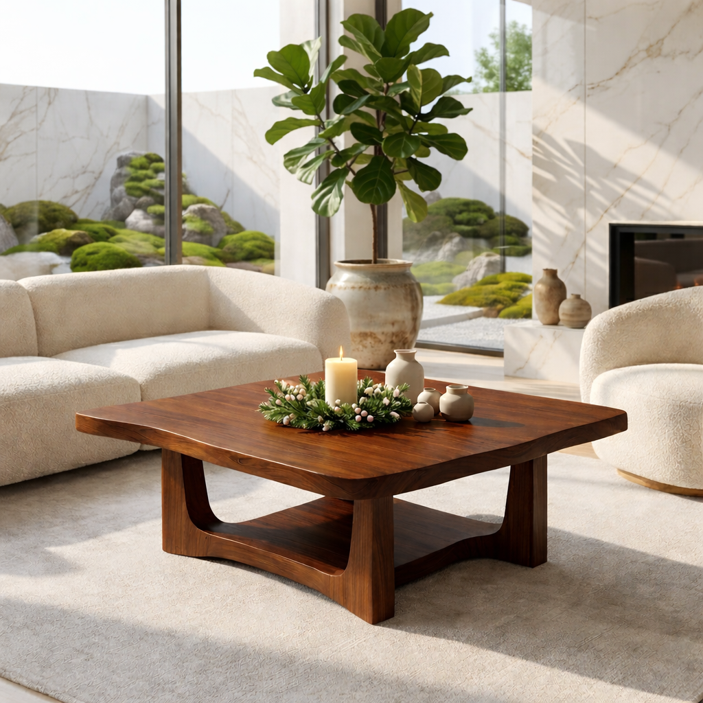 Solid Oak Coffee Table with Curved Edges and Open Base, Modern Japanese Style Living Room Table