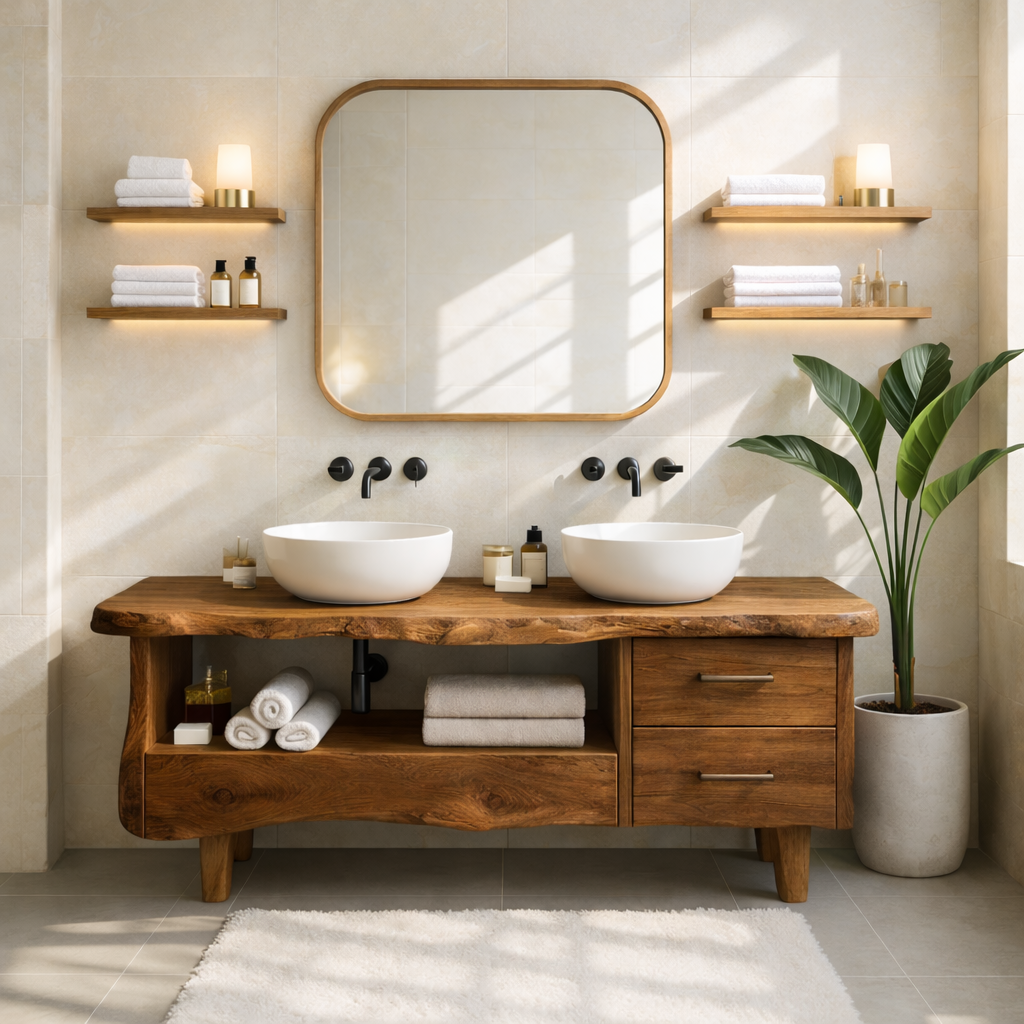 Rustic Double Bathroom Vanity Cabinet With Live Edge Wood Top And Drawers