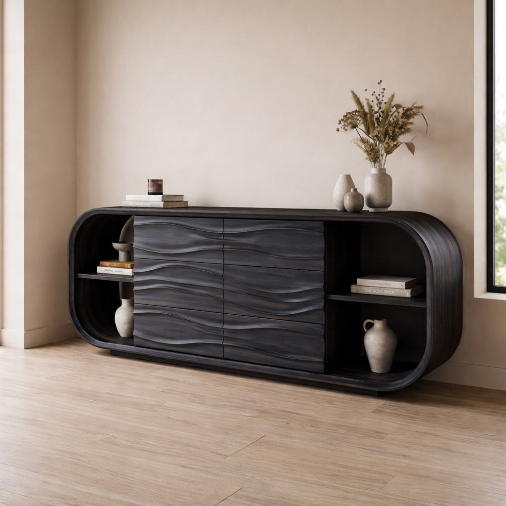 Wave Carved Walnut Console Cabinet - Curved Sideboard with Organic Textures