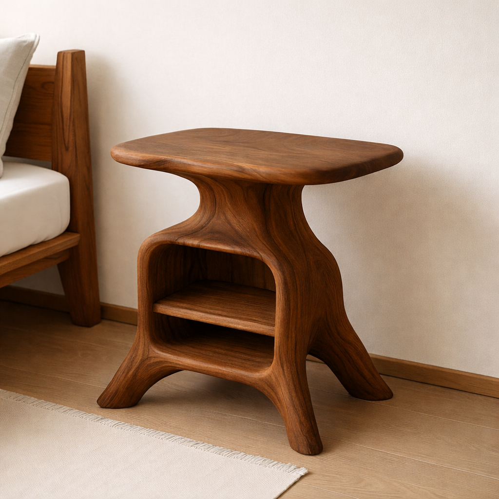Contemporary Wooden Nightstand with Smooth Curves and Open Storage - Natural Oak