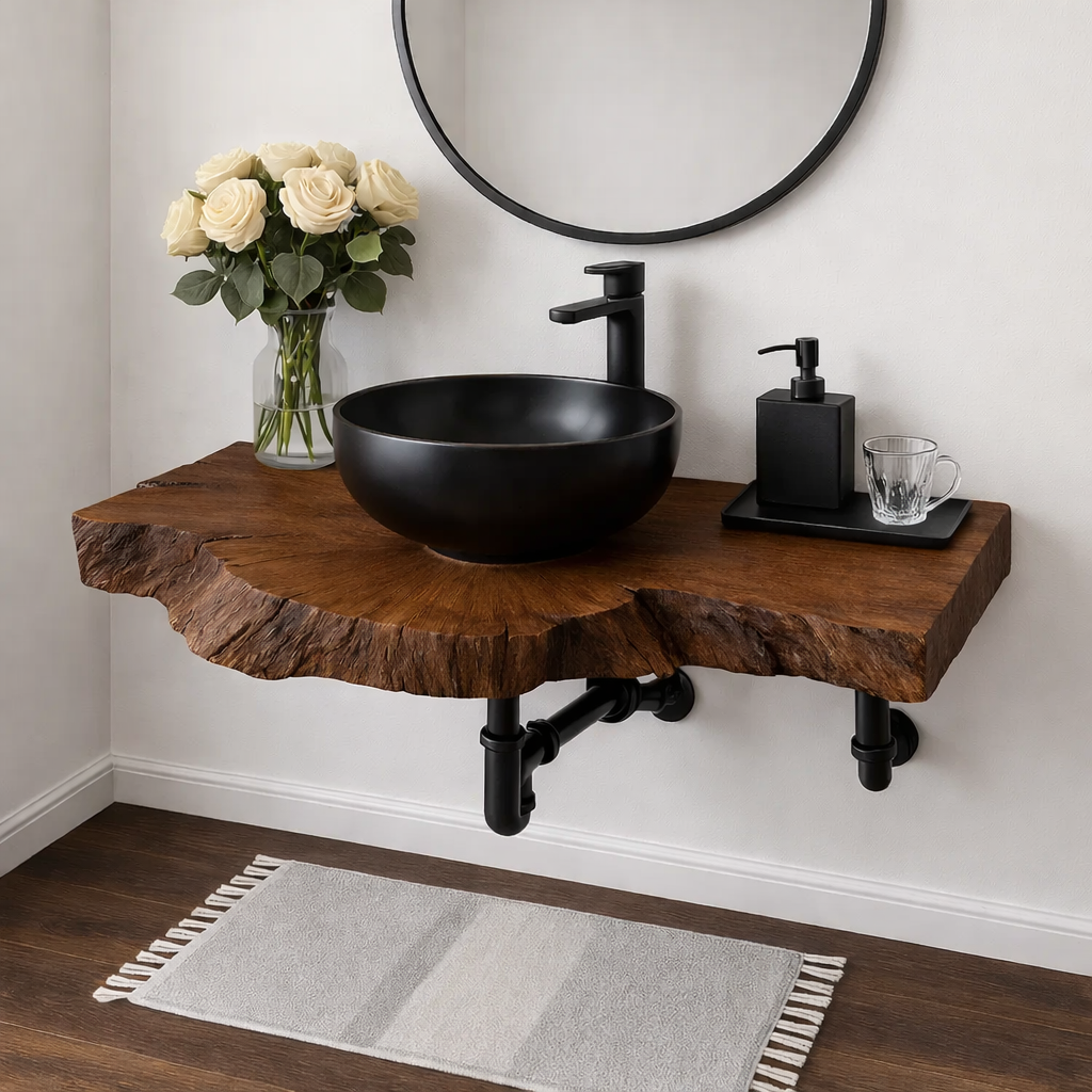 Solid Wood Live Edge Floating Bathroom Vanity Wall Mounted Rustic Vanity