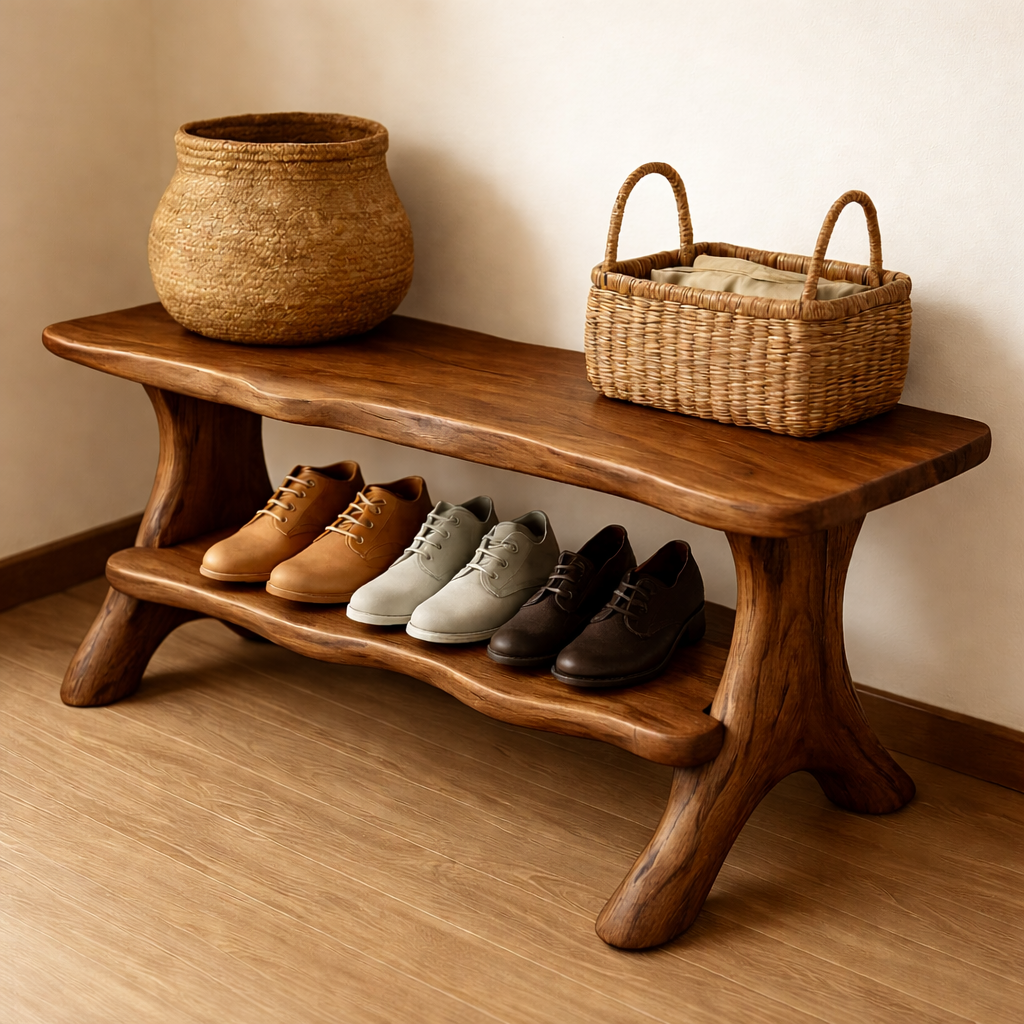 Rustic Solid Wood Shoe Storage Bench – Entryway Wooden Bench with Open Shelf