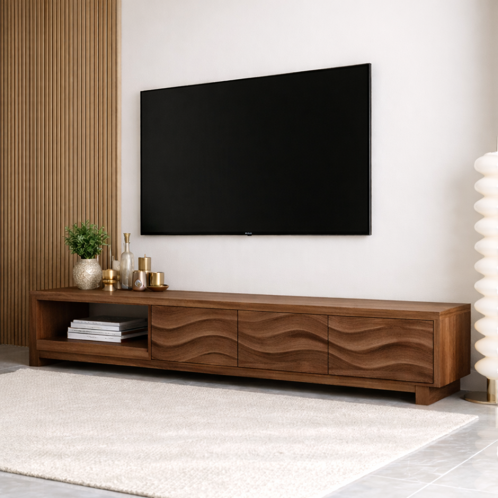 Mid Century Solid Wood TV Stand Wave Front Media Console Long Entertainment Unit