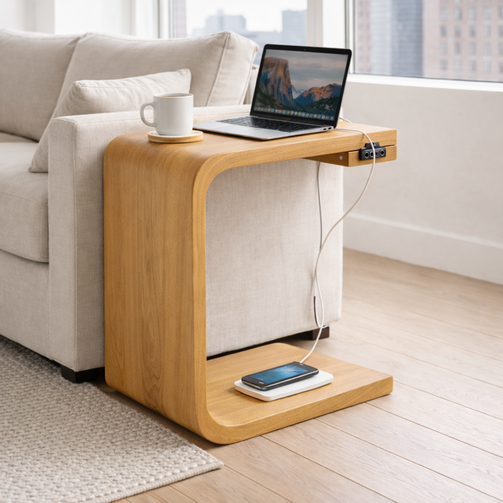 Solid Wood C-Shaped End Table with Charging Port – Modern Sofa Side Table