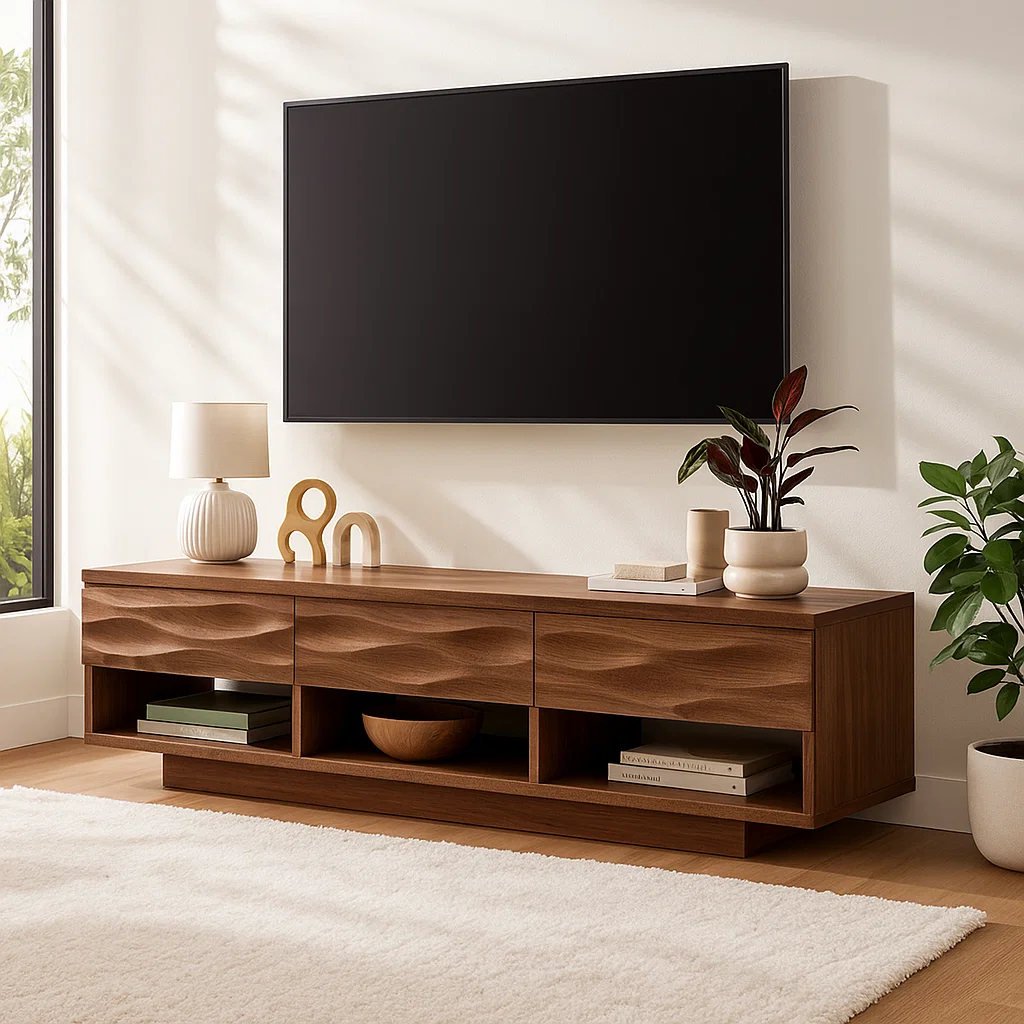 Handcrafted Solid Walnut TV Stand – Modern Wavy Drawer Media Console for Contemporary Homes