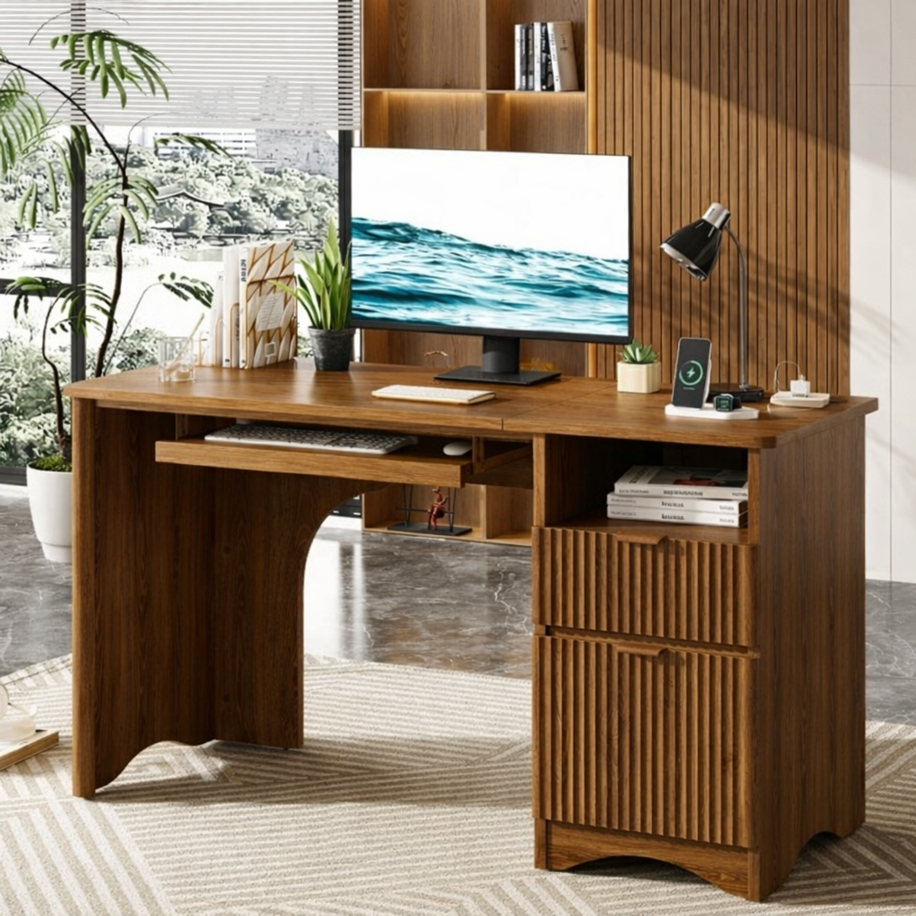 Modern Computer Desk with Drawers, Home Office Workstation, Writing Table with Storage Shelf
