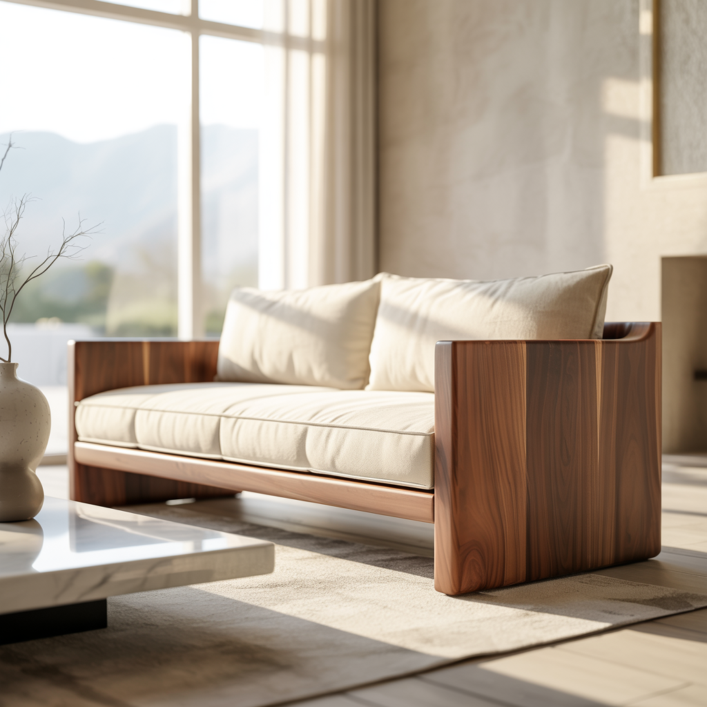 Modern Solid Wood Sofa with Minimalist Block Arms