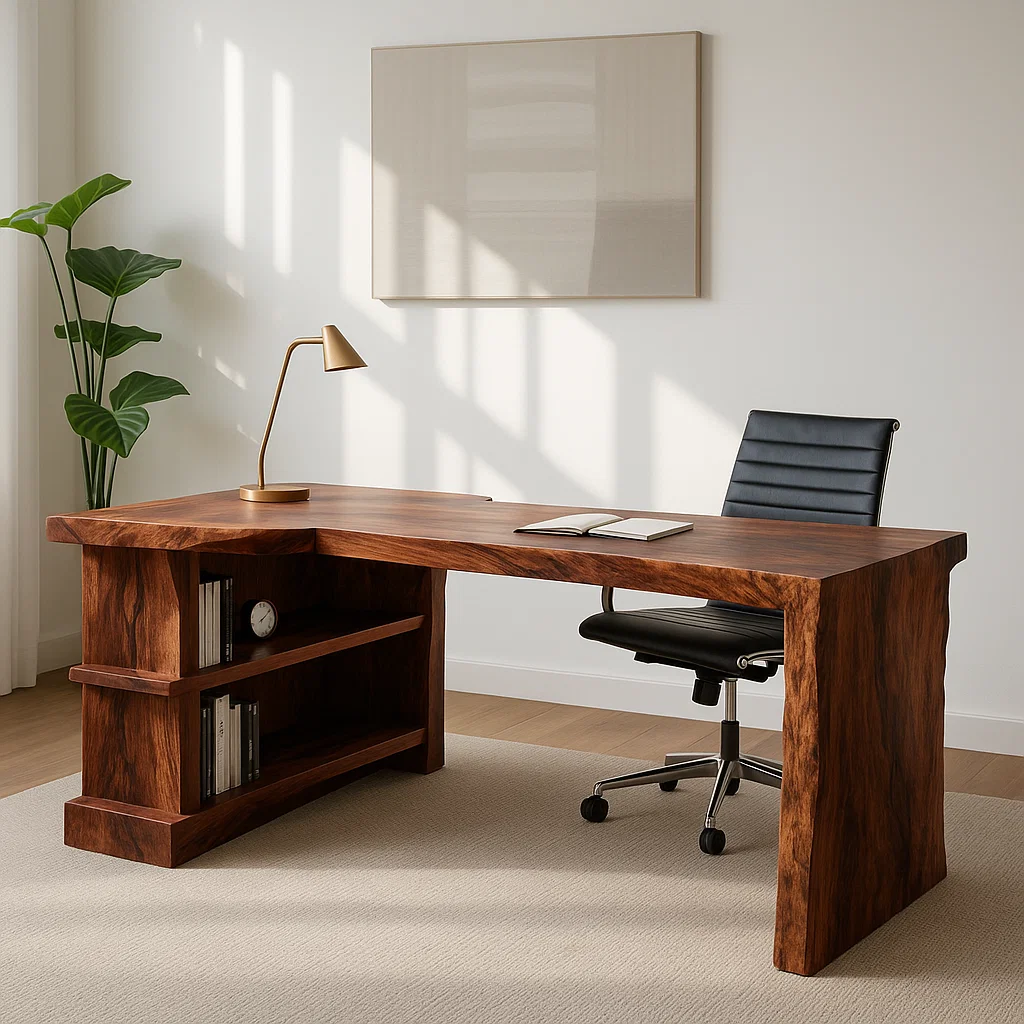 Modern L-Shaped Walnut Desk with Open Shelf – Sculptural Corner Workspace