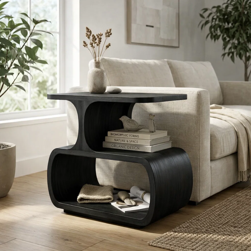 Solid Wood Sculptural End Table with Storage Shelves – Modern Curved Side Table