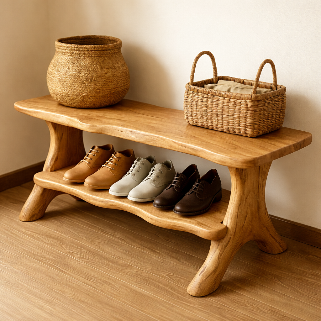 Rustic Solid Wood Shoe Storage Bench – Entryway Wooden Bench with Open Shelf